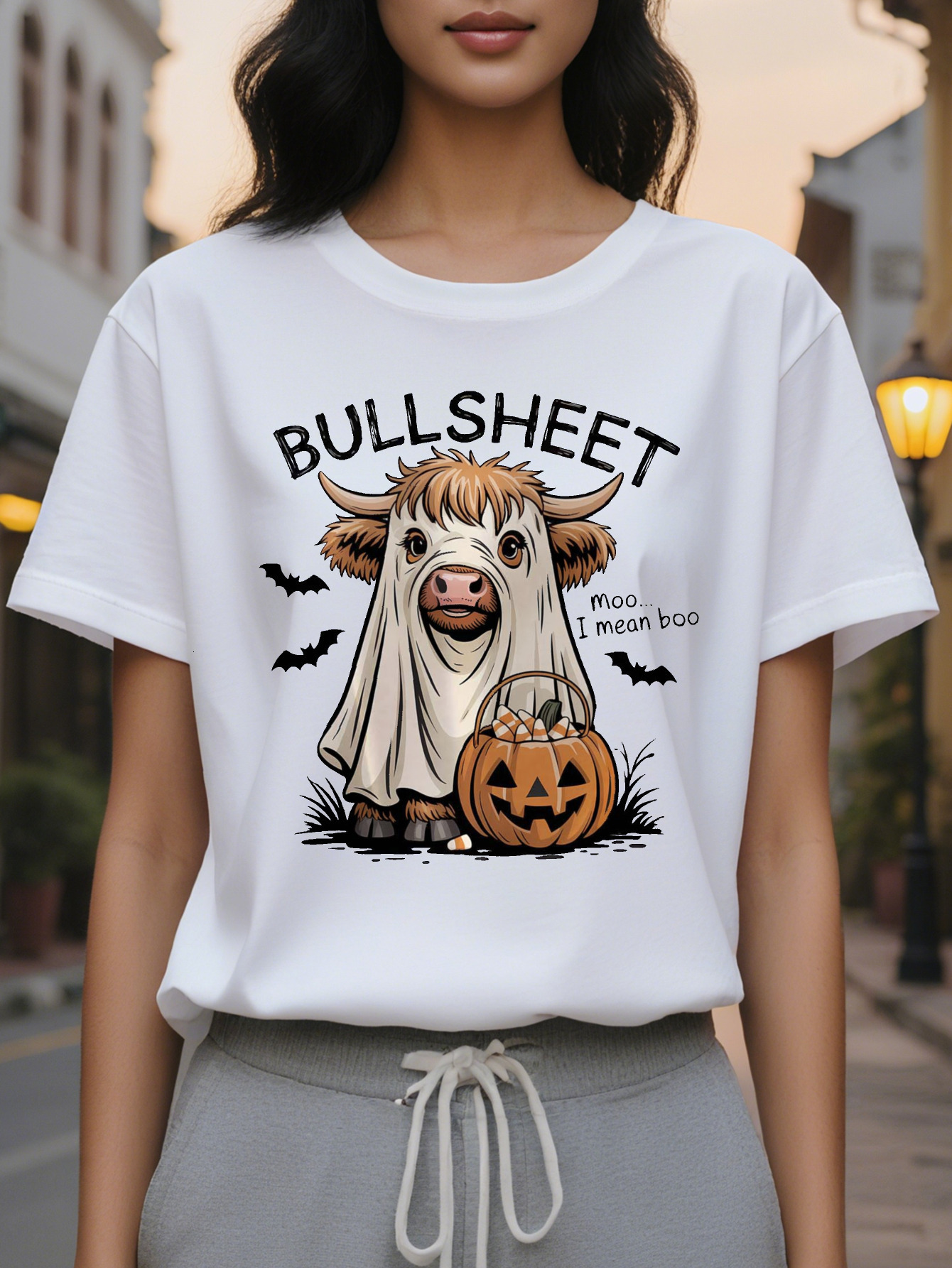Women's Fun Bullsheet T-shirt Scottish Mooooo Print Halloween Theme Party Casual Summer Crewneck Top Washable