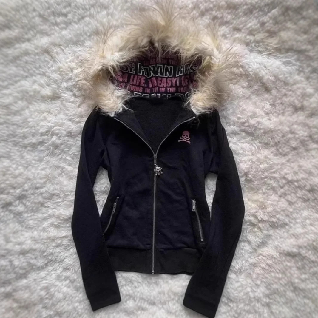 Gothic Style Hooded Cardigan Letter Print Womens Thickened Winter Coat Fur Collar n Y2K Japanese Zipper Jacket 250904