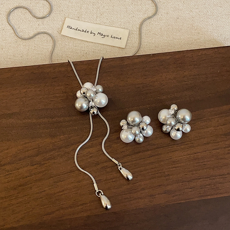 Unique Design Fireworks Pearl Pull Necklace Stud Earrings for Women French Style Personality Versatile Choker Sweater Chain