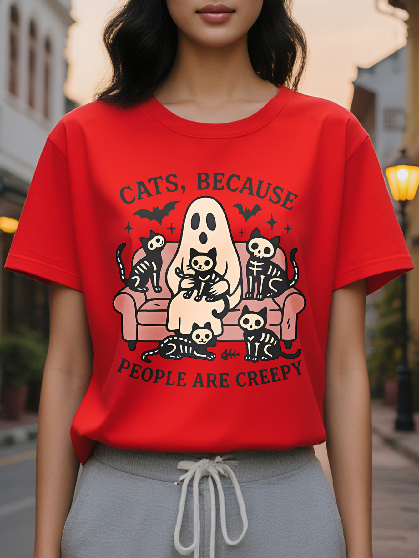 Ladies Funny Cats Because Humans are Too Weird Halloween Thanksgiving T-shirt Red Short Sleeve Casual Top Ghost