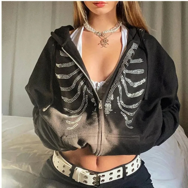 Y2K Rhinestone Skeleton Hoodies Women Gothic Black Zip Up Oversized Sweatshirts Female Retro Harajuku Hooded Jacket Streetwear 250904