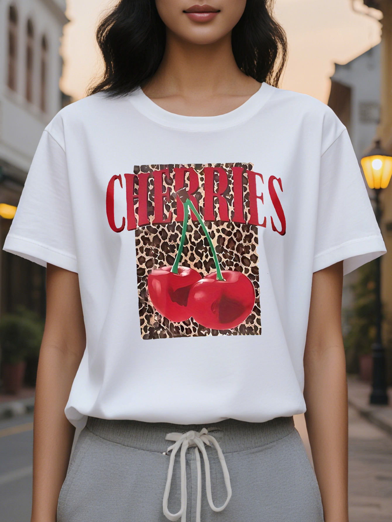 CHERRIES American Style Printed Pattern Fashion Round Neck Short Sleeve T-shirt Spring and Summer New Slim Fit Slimming