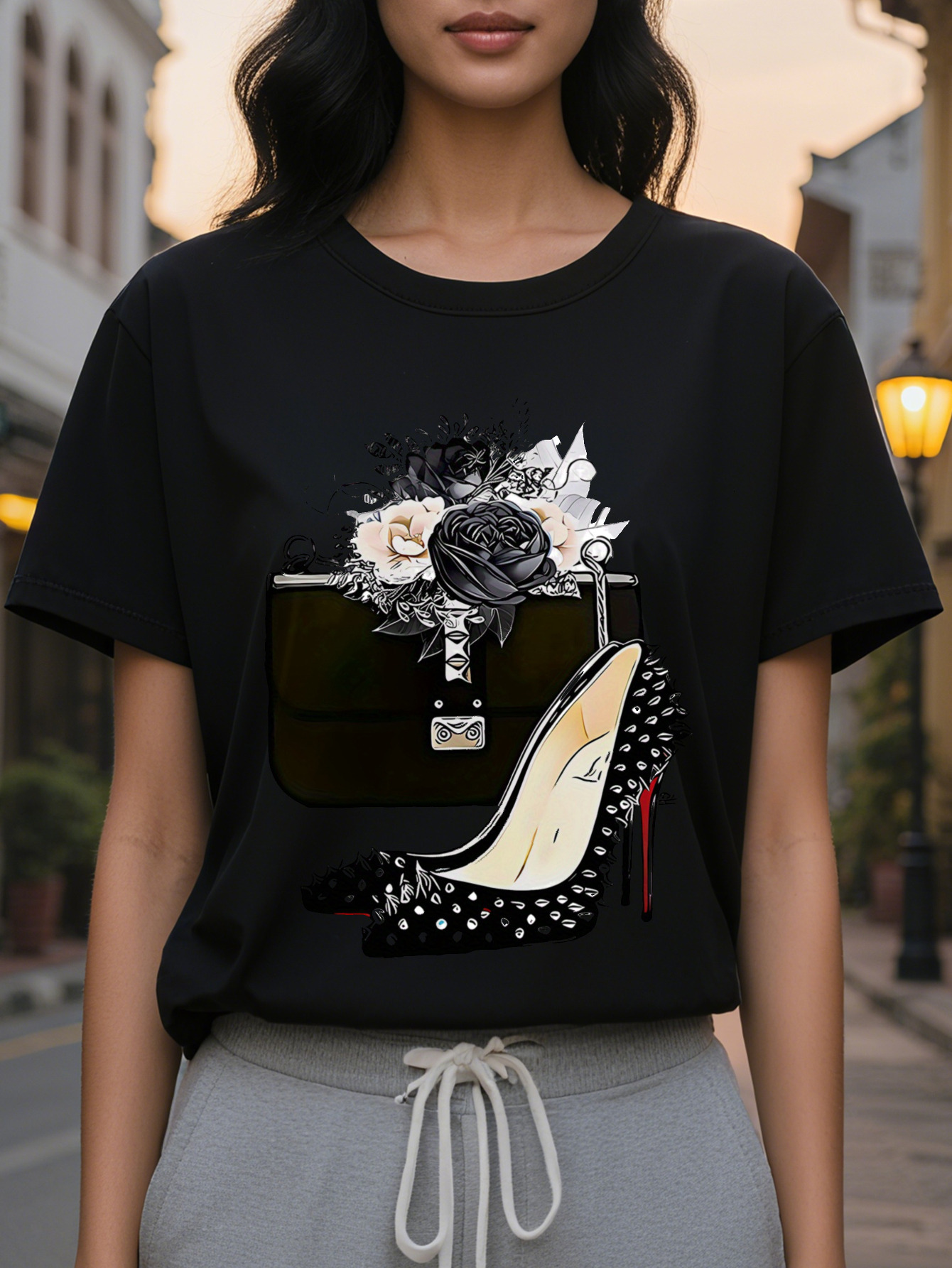 igh-heeled shoes printed T-shirt short sleeve round neck casual top suitable for spring and autumn women's clothing