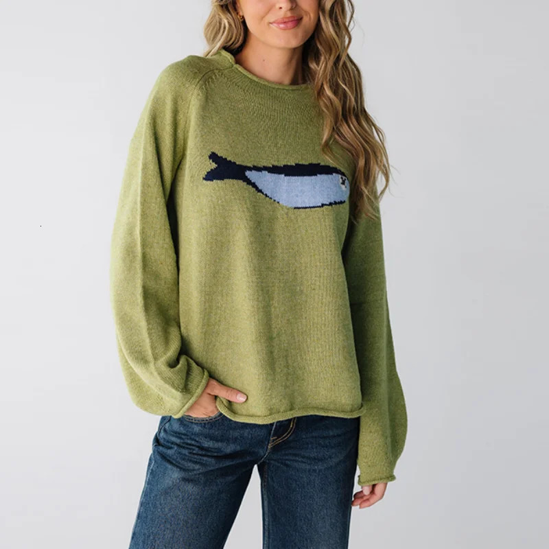 Womens Vintage Roundneck Fish Pattern Knitted Sweaters Casual Long Sleeve Soft Pullovers Autumn Winter Basics Knitted Top 250903