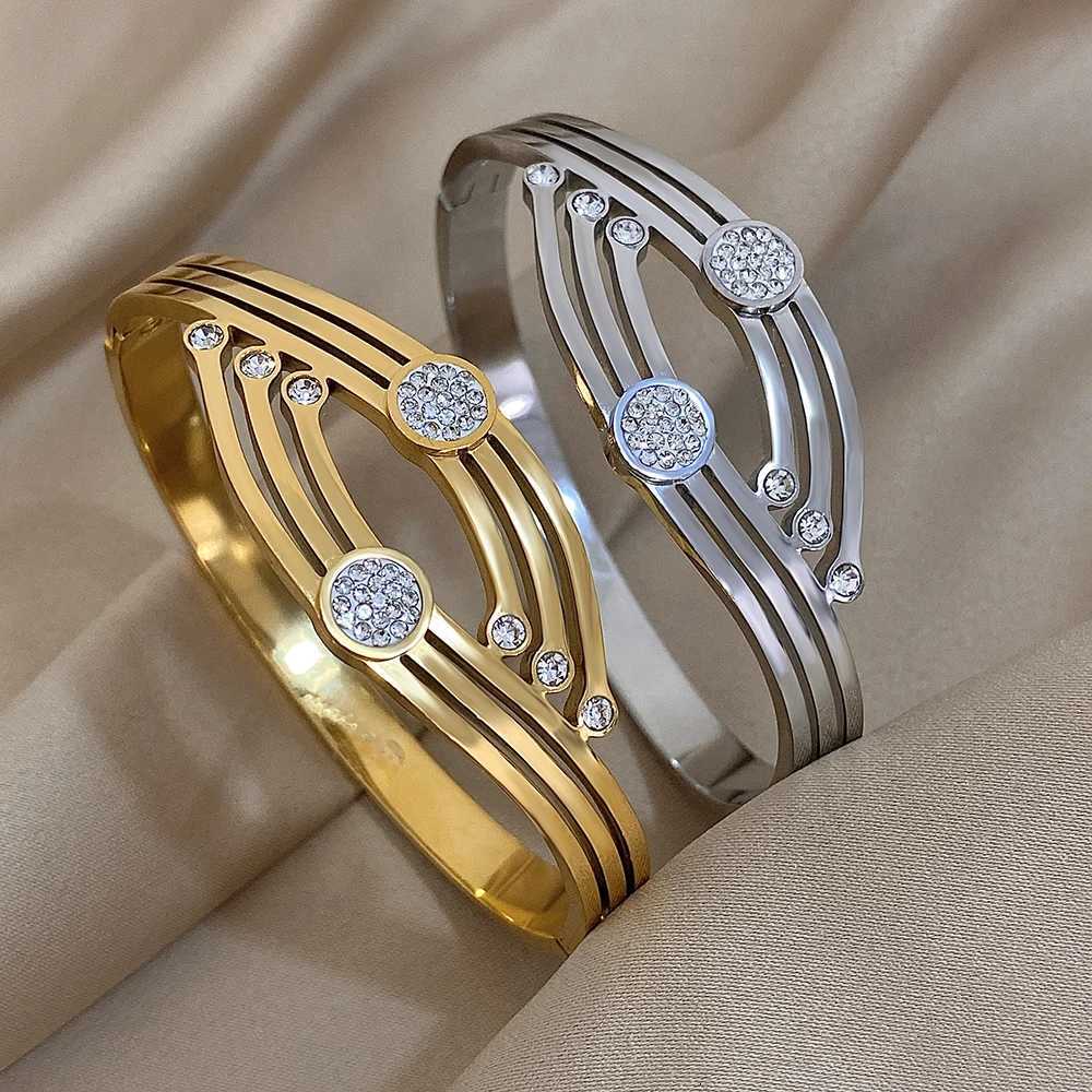 Irregular Geometric Rhinestone Ball Stainless Steel Cuff Bangle Bracelets Fashion Chunky Gold Silver Color Waterproof Jewelry Y250904