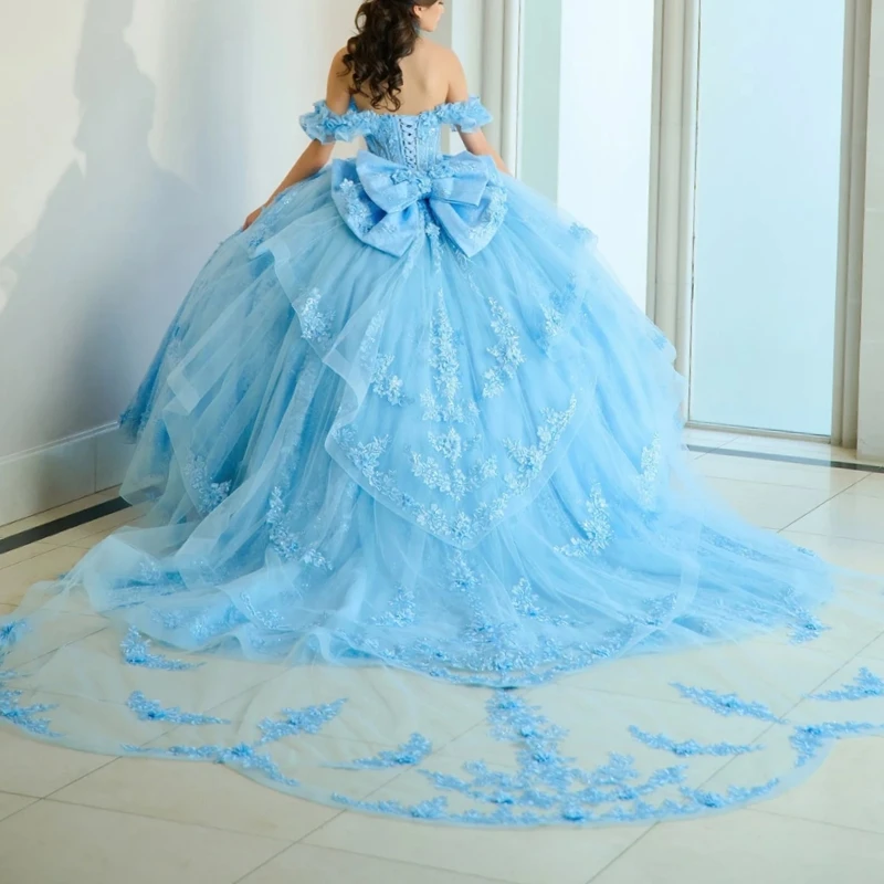 Sky Blue Quinceanera Dresses Ball Gown Off The Shoulder Applique Lace Beading Crystal Bow Tull Sweet 16 Dress Vestidos 15 De Anos