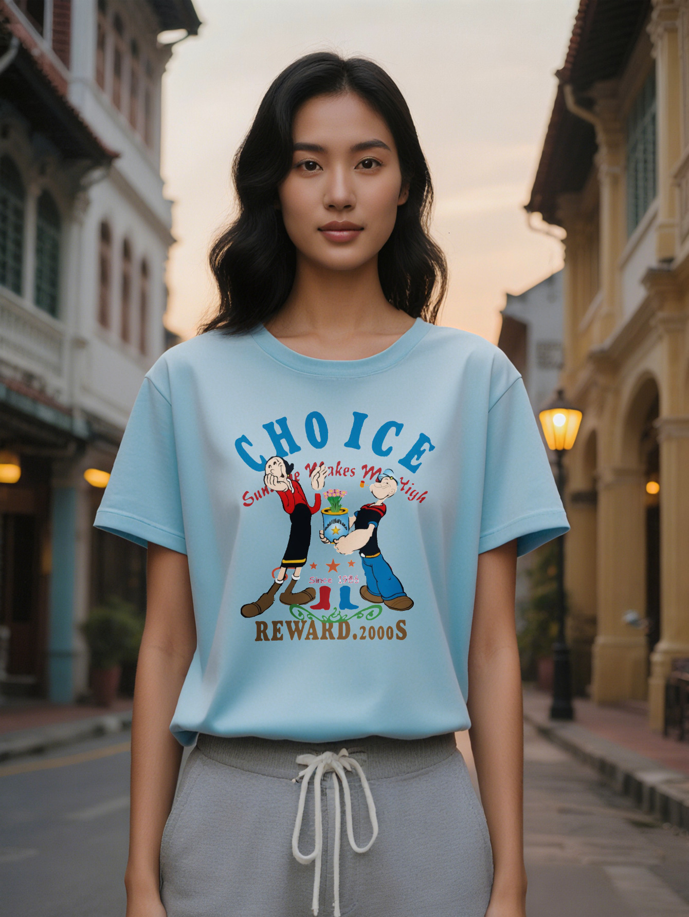 Large XL Women's Casual Round Neck T-Shirt Featuring Popeye Print a Great Gift for Women Plus Size