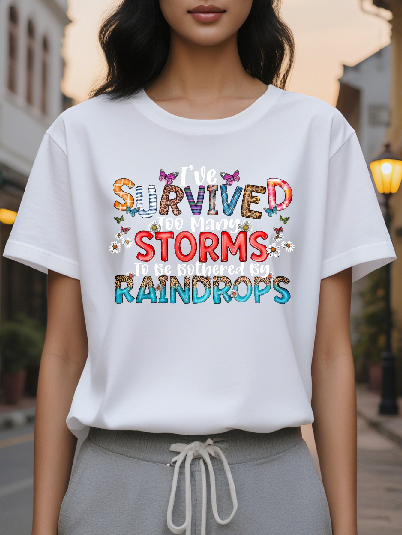 Women's I've Been Through Too Many Storms T-Shirt Black Round Neck Casual Top Colorful Letters Floral and Butterfly