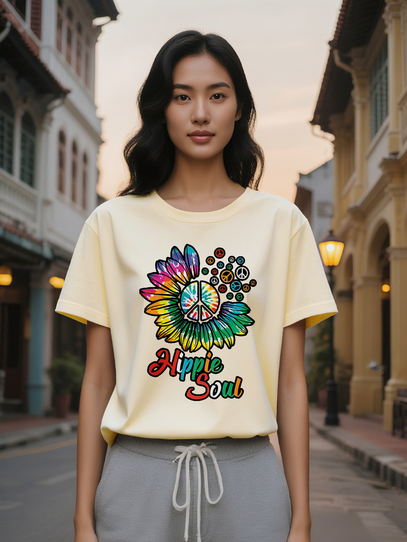 Lady Casual Graphic T-Shirt Hippie Soul Design with Colorful Peace Symbols Suower Motif Black Round Neck Summer