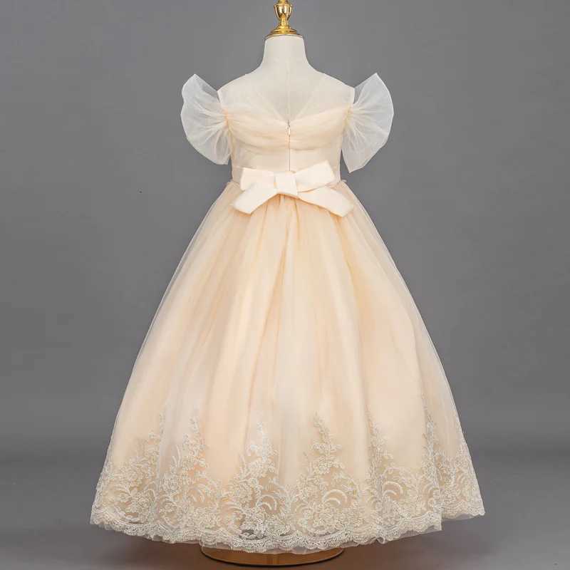 A96 Childrens Dress Girls Princess Sequin Bubble Sleeve Long Mesh Flower Girl Wedding Gown Z250904