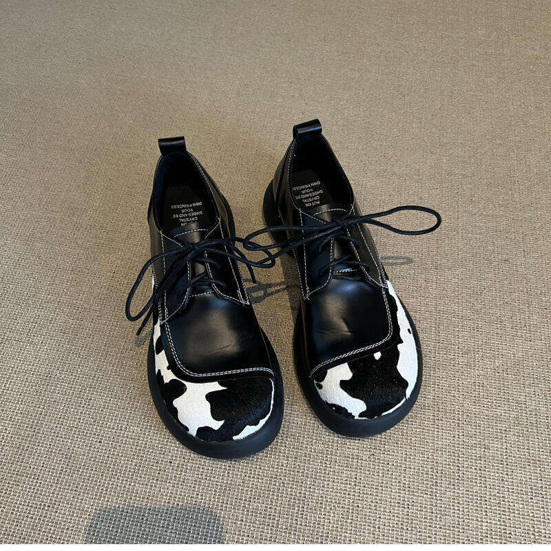 Cowhide 2025 Horsehair Niche Designer Shoe Design Cow Color Block Lace-up Genuine Loafers Thick Sole Fashion Small Leather Shoes for Women