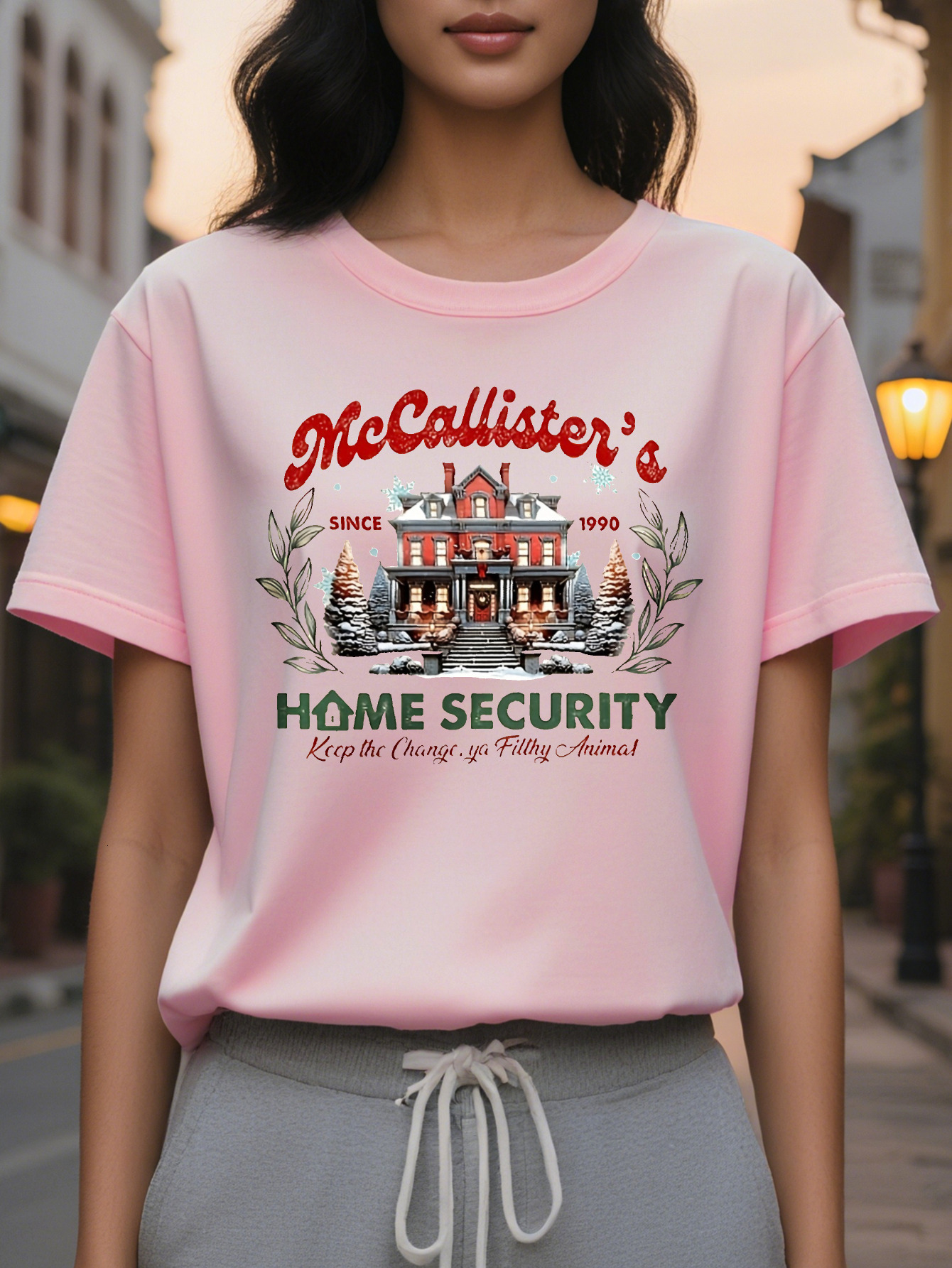 Women Cozy Crew Neck with Festive McCallister S Home Security Graphic Beige Holiday Themed Design Allseason