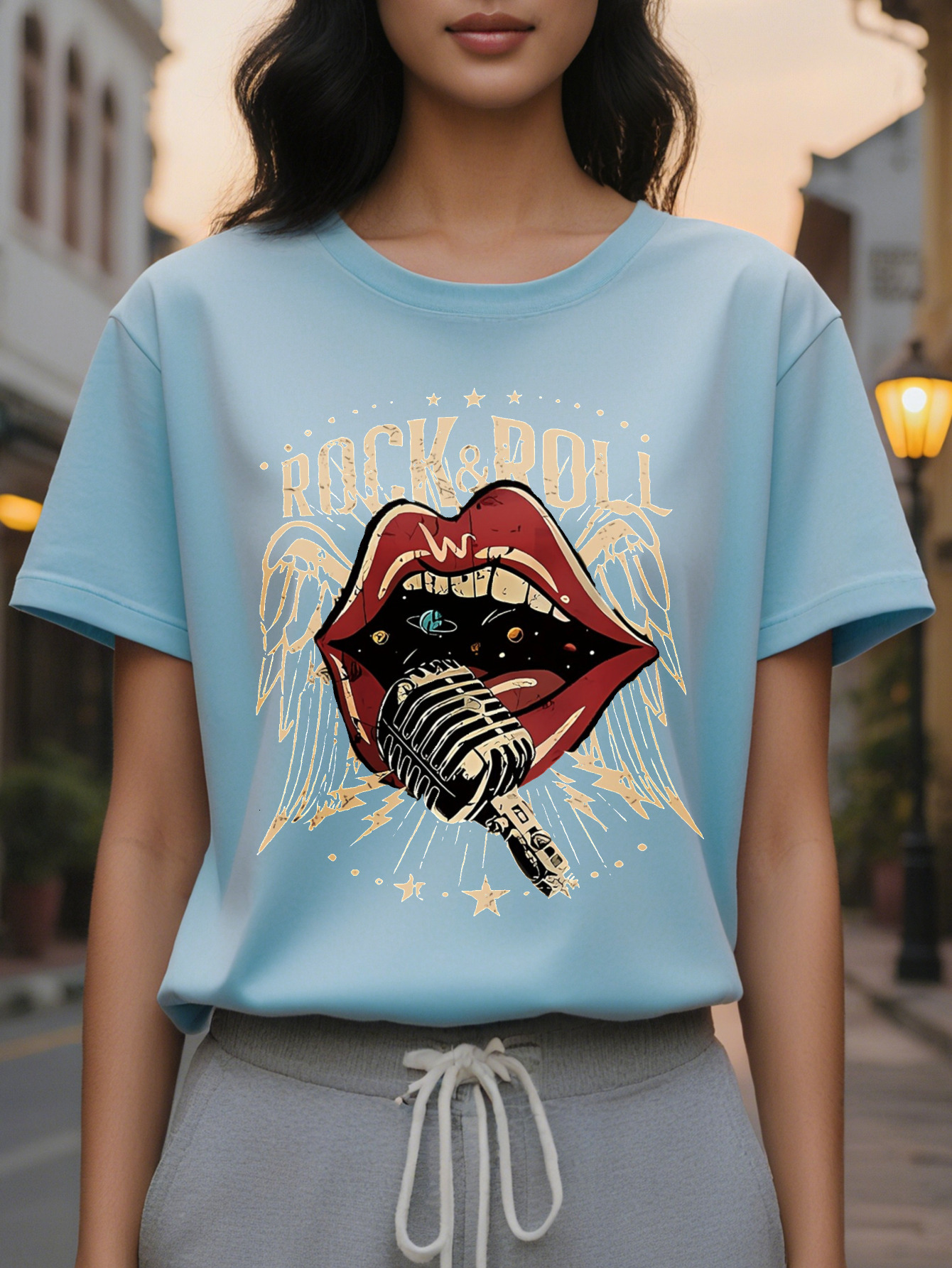 Large XL Women S Vintage Roll Microphone Mouth Graphic Tee Crew Neck Short Sleeve T-Shirt Summer Fashion All-Season Top Plus Size
