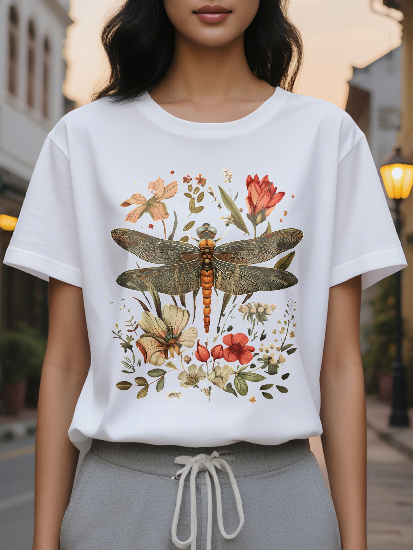 Large XL Casual Dragoy Floral Print Cotton Knit Tee Women S Crew Neck T Shirt All Season Regular Length Top Plus Size