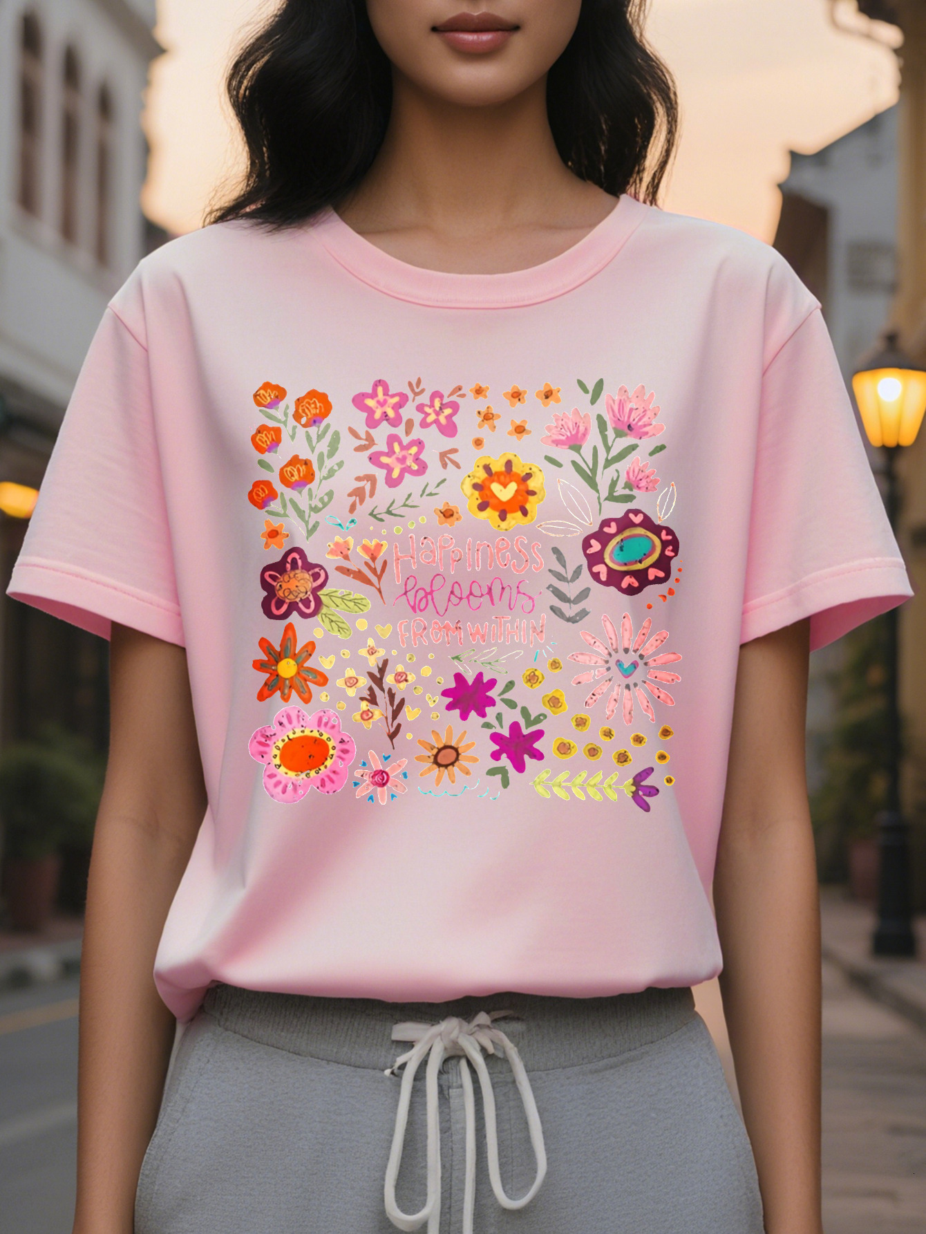 Large XL Women S Casual Floral Print Round Neck Short Sleeve T-Shirt Happiness Is Within Motivational Quote Dark Gray With Plus Size