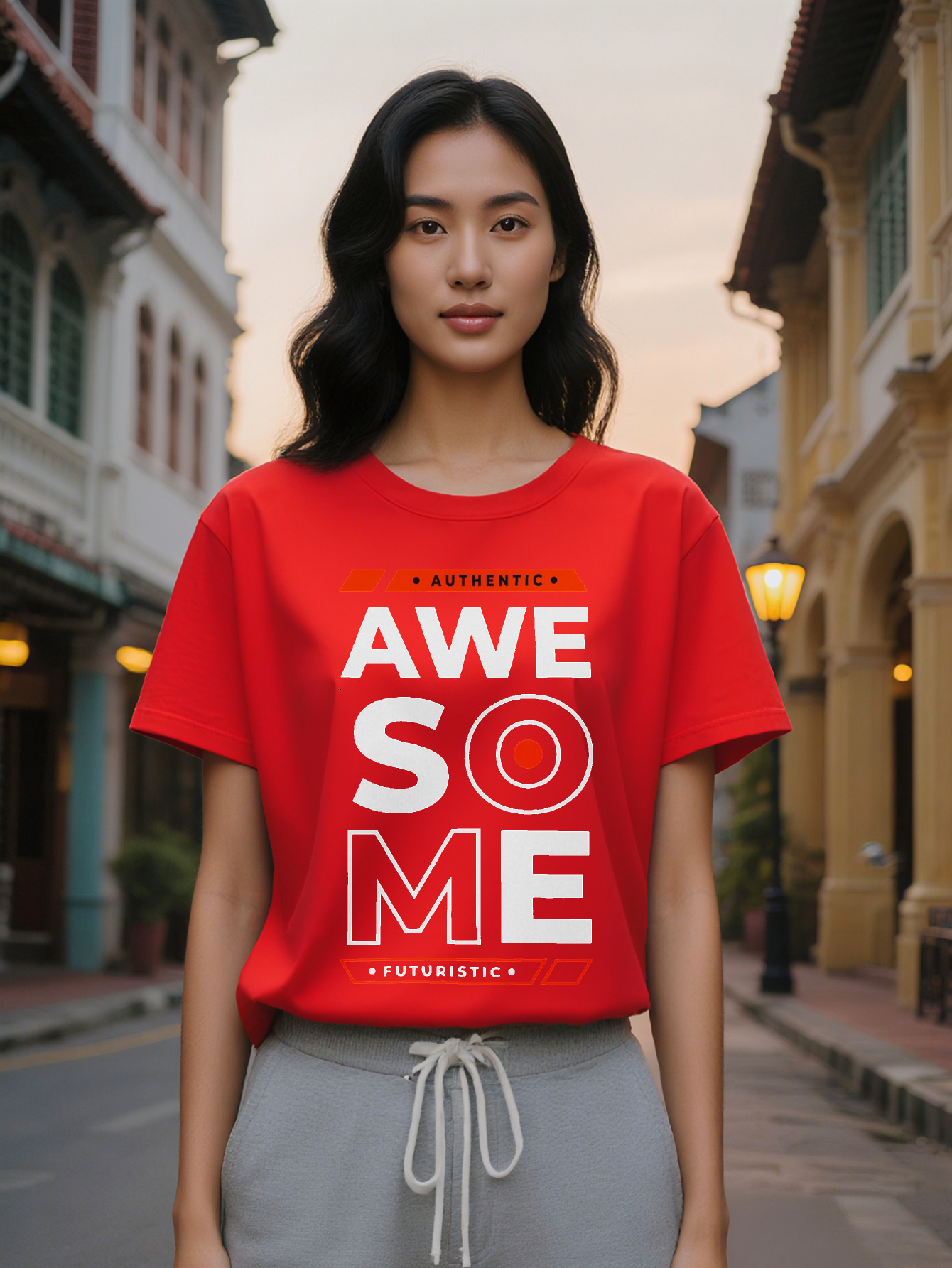 Lady Casual Graphic T Shirt Red Rectangular Frame Authentic Print Black Round Neck Summer Tee High Washable Regular