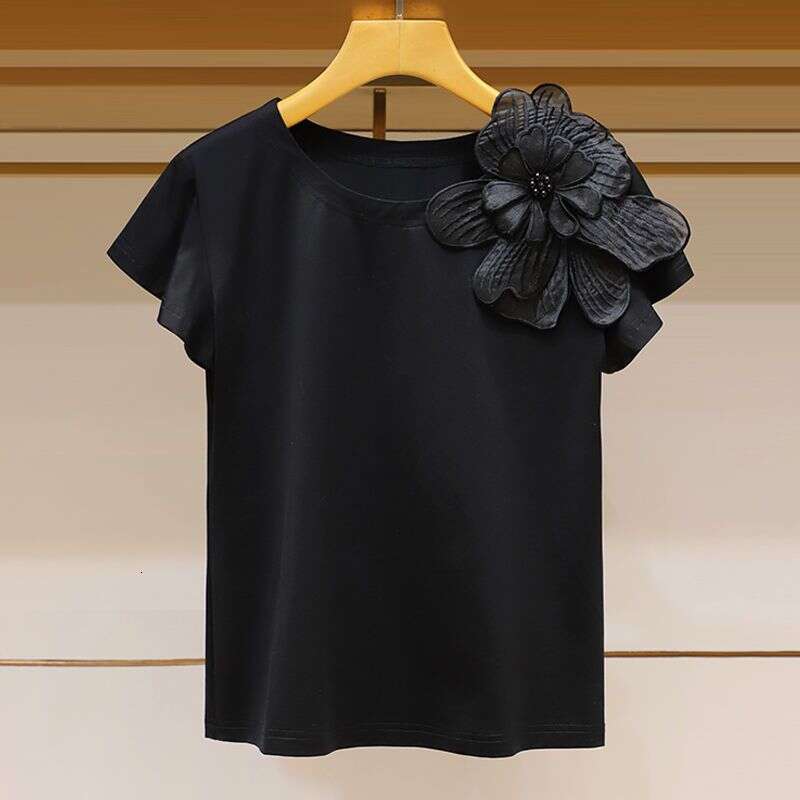 Women's Clothing Classic Round Neck Three-Dimensional Flower Decoration Fashionable Lotus Leaf Sleeve Loose Slim Fit Top