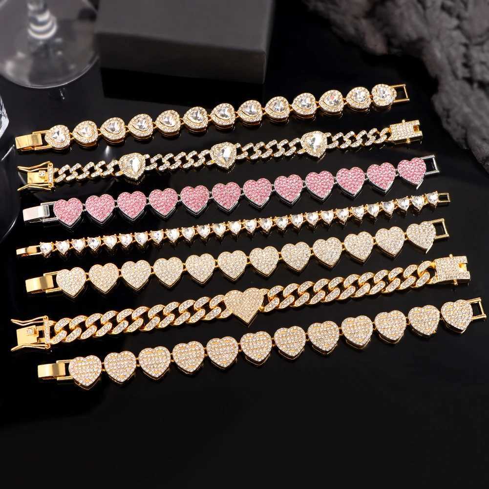 Luxury Bling Crystal Heart Cuban Link Chain Bracelet for Women Full Rhinestone Valentines Day Jewelry Gift Fashion DropShippingXJ250904