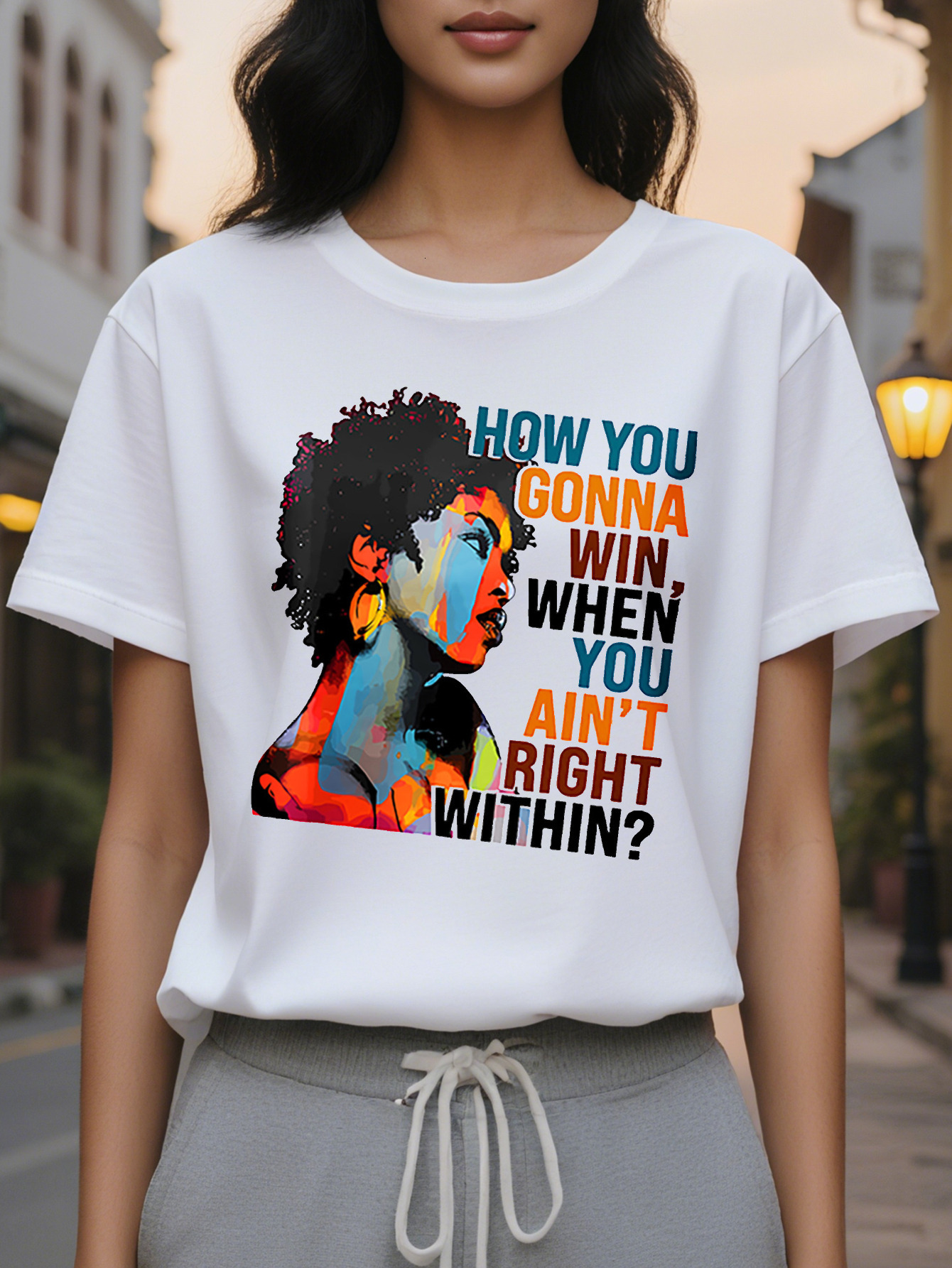 Large XL Women's Casual T-Shirt with Afro American Graffiti Portrait Print Cotton Knit Fabric Round Neck Regular Fit for Plus Size