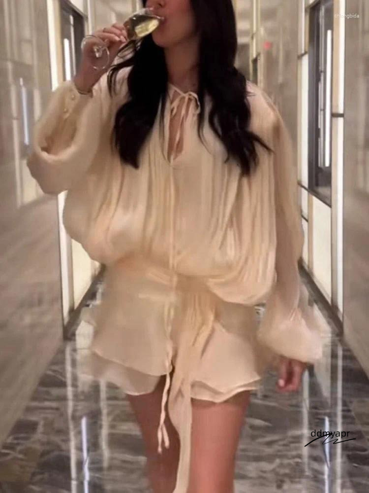 Casual Dresses Chic Ruffle Hem Mini Dress O Neck Lace Up Loose Ddmyday Blouse Lantern Sleeve Solid Chiffon Vestidos 2025 Lady Spring Gown Ddmyday Ddmy