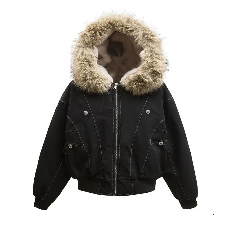 Y2K American Cleanfit Fur Collar Imitation Mink Fur Hooded Cottonpadded Jacket Men Gothic Retro Hiphop Short Tooling Coat250904