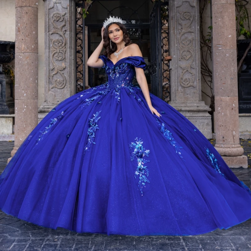 Royal Blue Shiny Quinceanera Dresses Ball Gown Off The Shoulder Applique Lace Flower Beading Crystal Tull Sweet 16 Dress Vestidos 15 De Anos