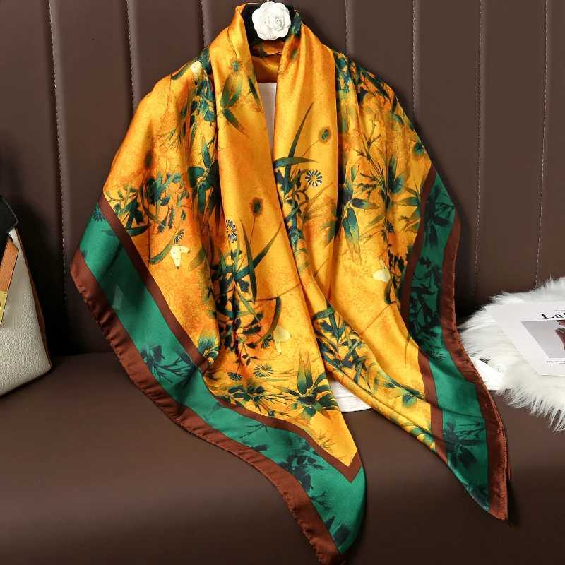 110cm Large Shawl Silk Square Scarf for Wen Luxury Print Hijab Bandana Muslim band Wrap Beach Stos Foard Echarpe 2025 G250904