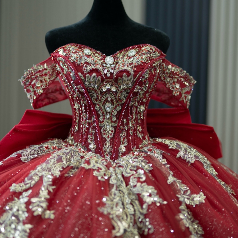 Red Princess Off the Shoulder Sweet 16 Dress Quinceanera Dresses Applique Lace Beads Bow Tull Party Birthday Vestidos 15 De Anos
