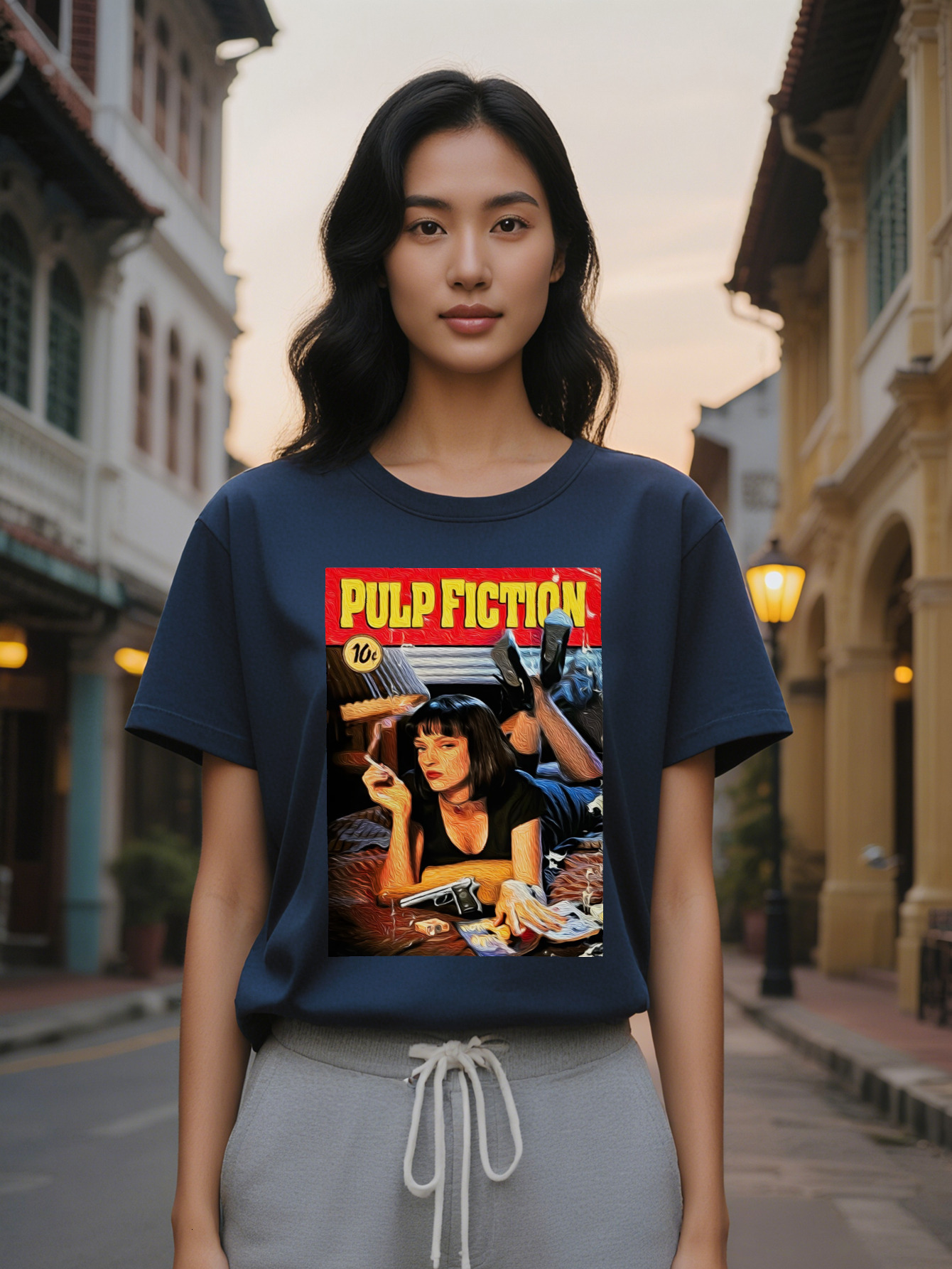 Large XL Graphic T-Shirt Pulp Fiction Art Print with Bold Yellow Text Red Background Black Round Neck Summer Tee Featuring Female Plus Size
