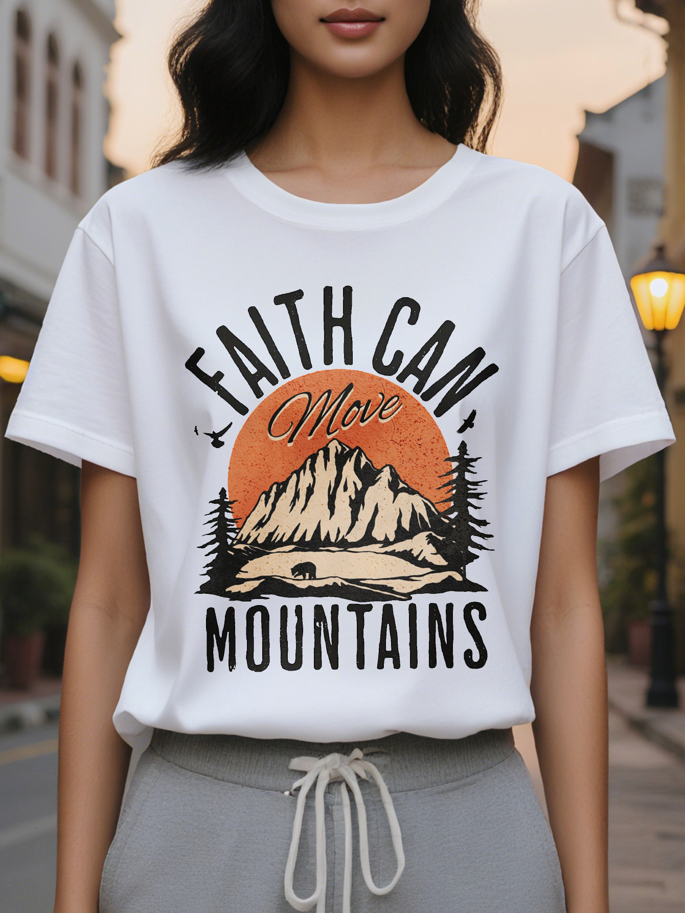 Faith can move mountains printed T-shirt casual round neck short sleeve jacket women's clothing