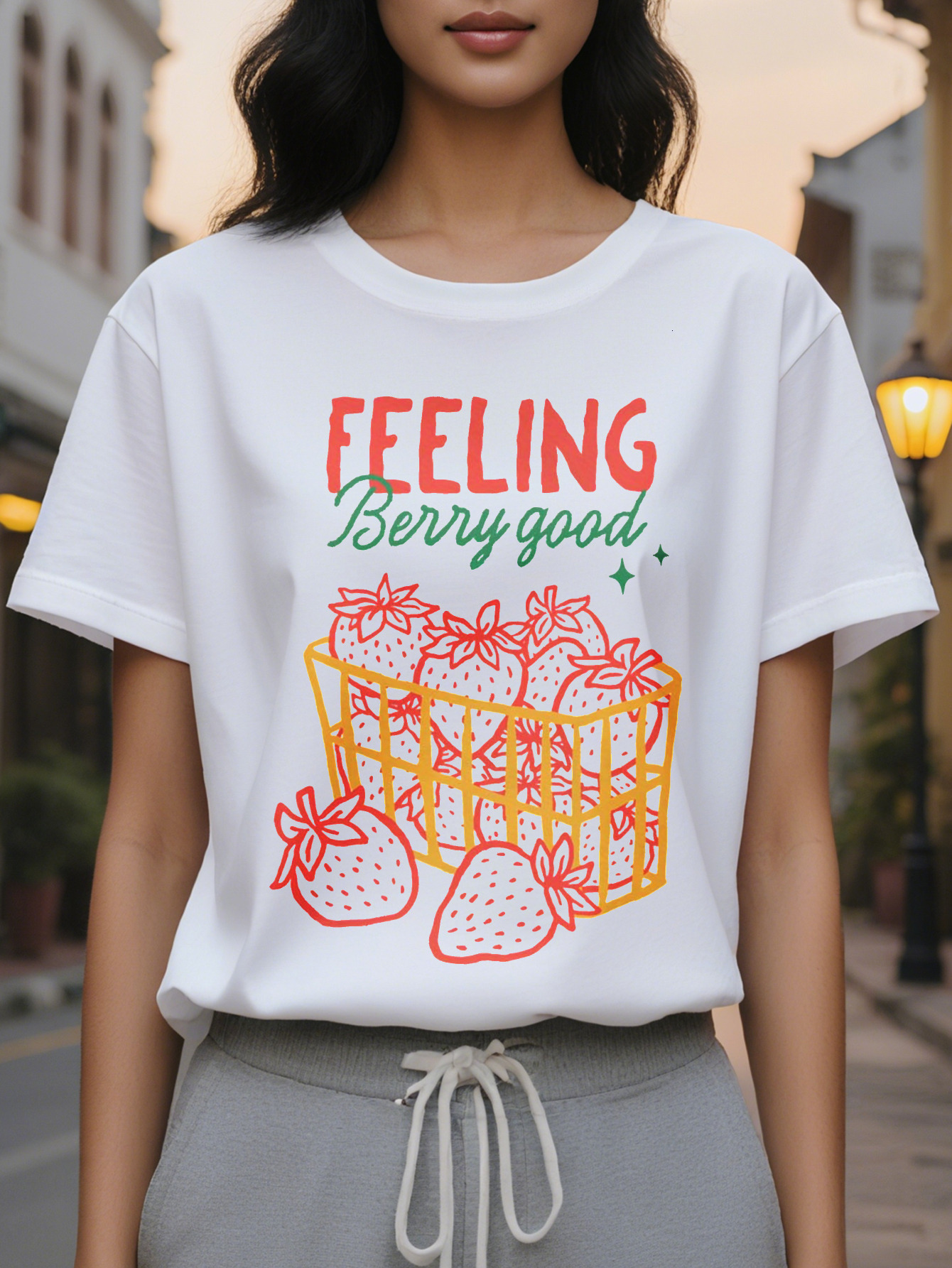 Women's Feel Great White with Red Strawberry Design Short Sleeve Round Neck T-Shirt Casual Summer Wear