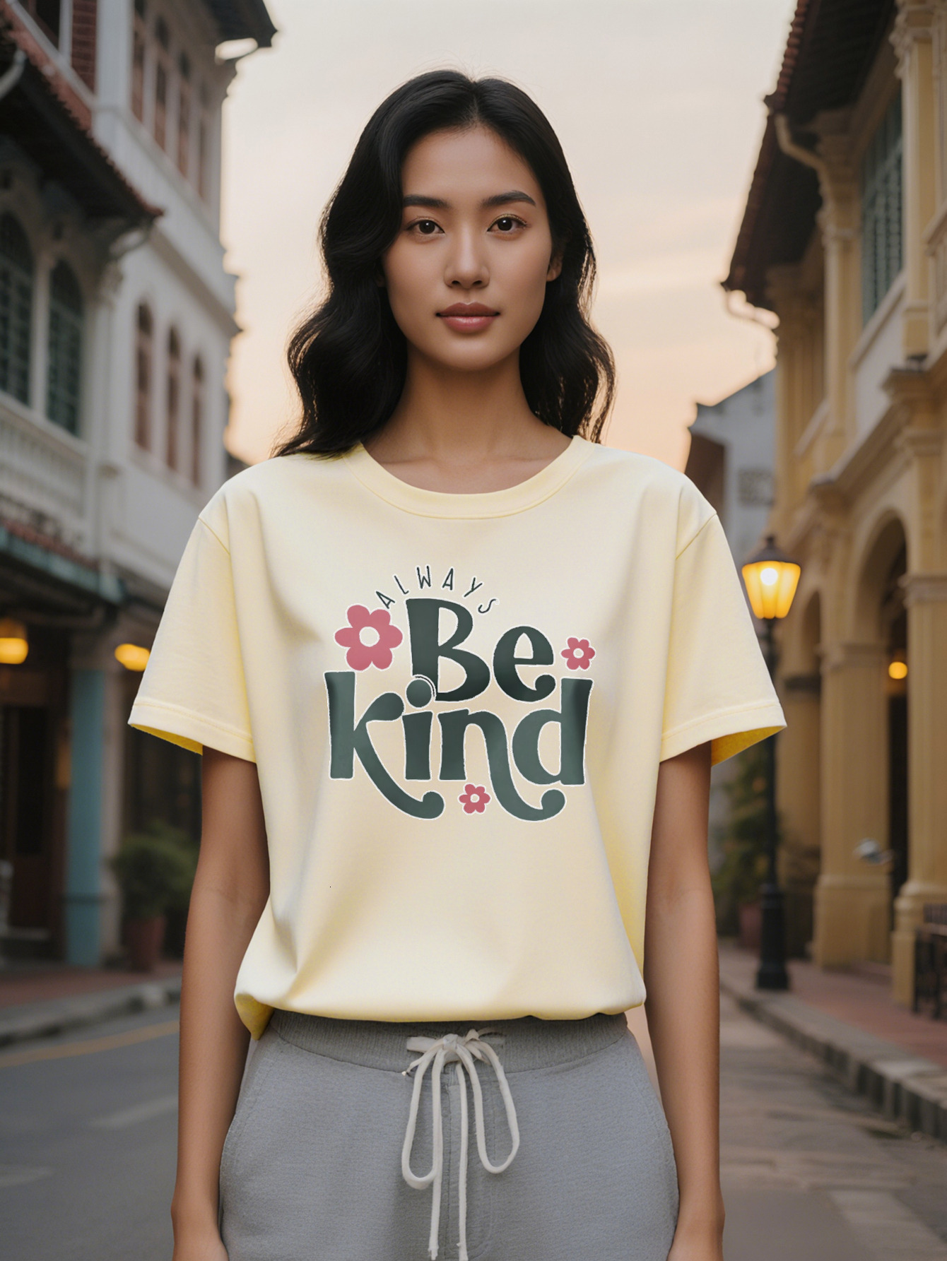 Large XL Women's Casual Always Be Kind Graphic T-Shirt with Design Lightweight Black Tee Round Neck Regular Fit Perfect Gift Plus Size