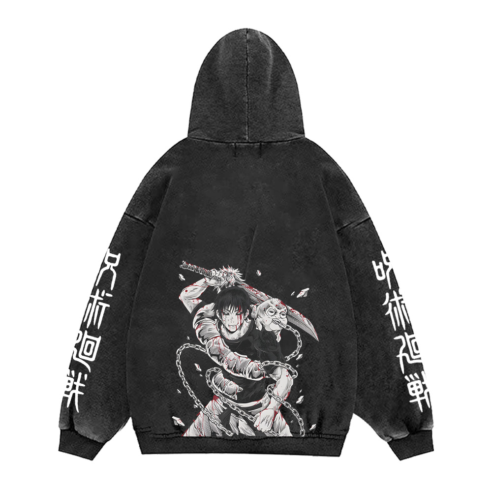 440g Heavyweight Washed Vintage Jujutsu Kaisen Print Street Retro Hoodie Streetwear Hooded Sweatshirt - VT2416