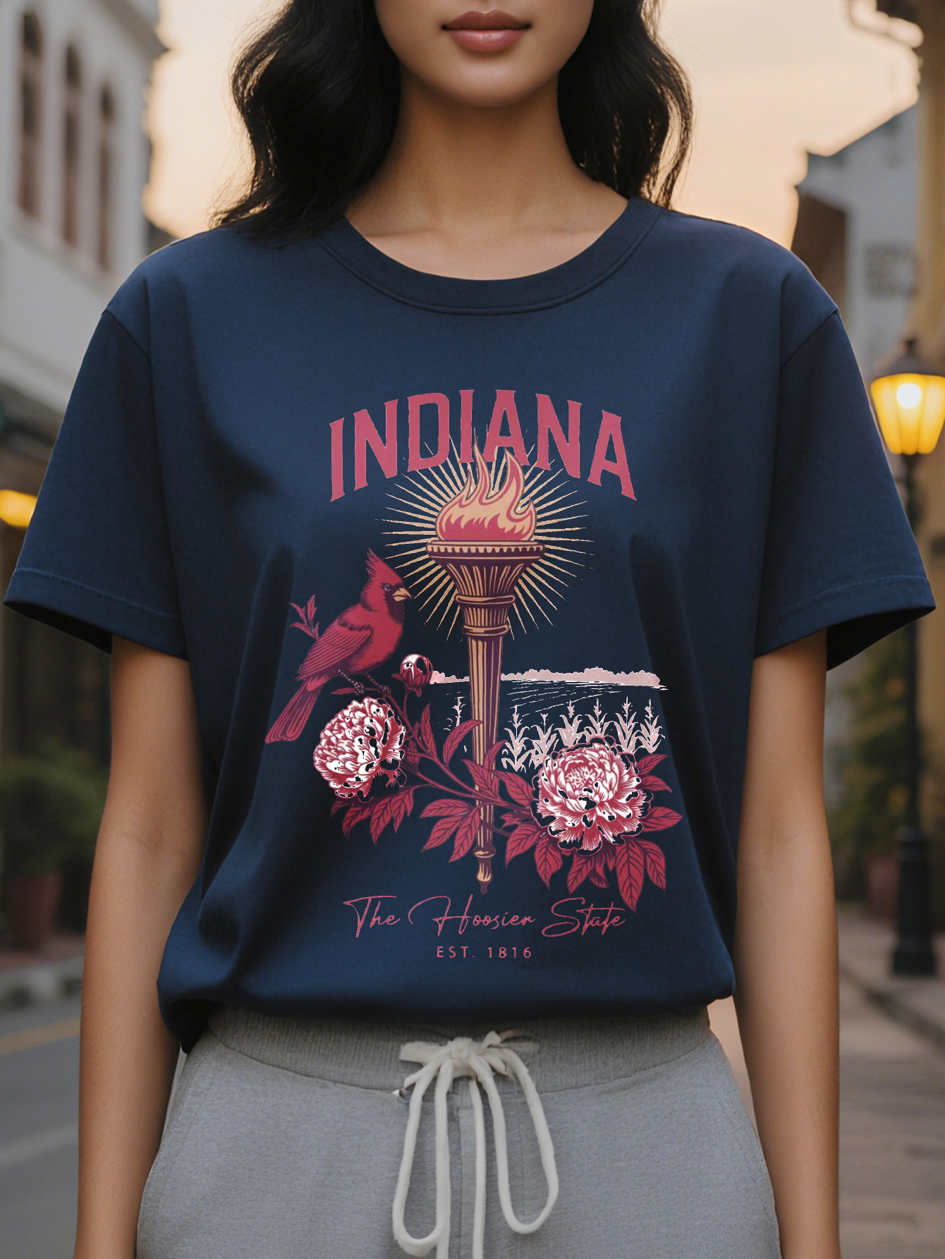 Women's Indiana pattern T-shirt white with red retro design established in round neck casual jacket light summer