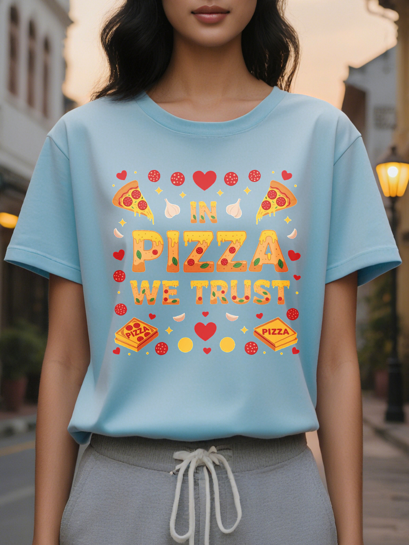 Women's Fun Lover T-Shirt PIZZA WE TRUST Pattern Pepperoni Cheese Design Casual Round Neck Short Sleeve Summer Top