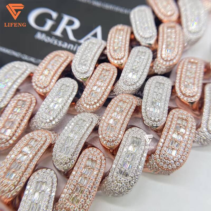 VVS Iced Out Gra Two Stone Mossanite 26mm Baguette Cut Cuban Chain Moissnaite Cuban Necklace 925 Silver Miami Link Chain for Men