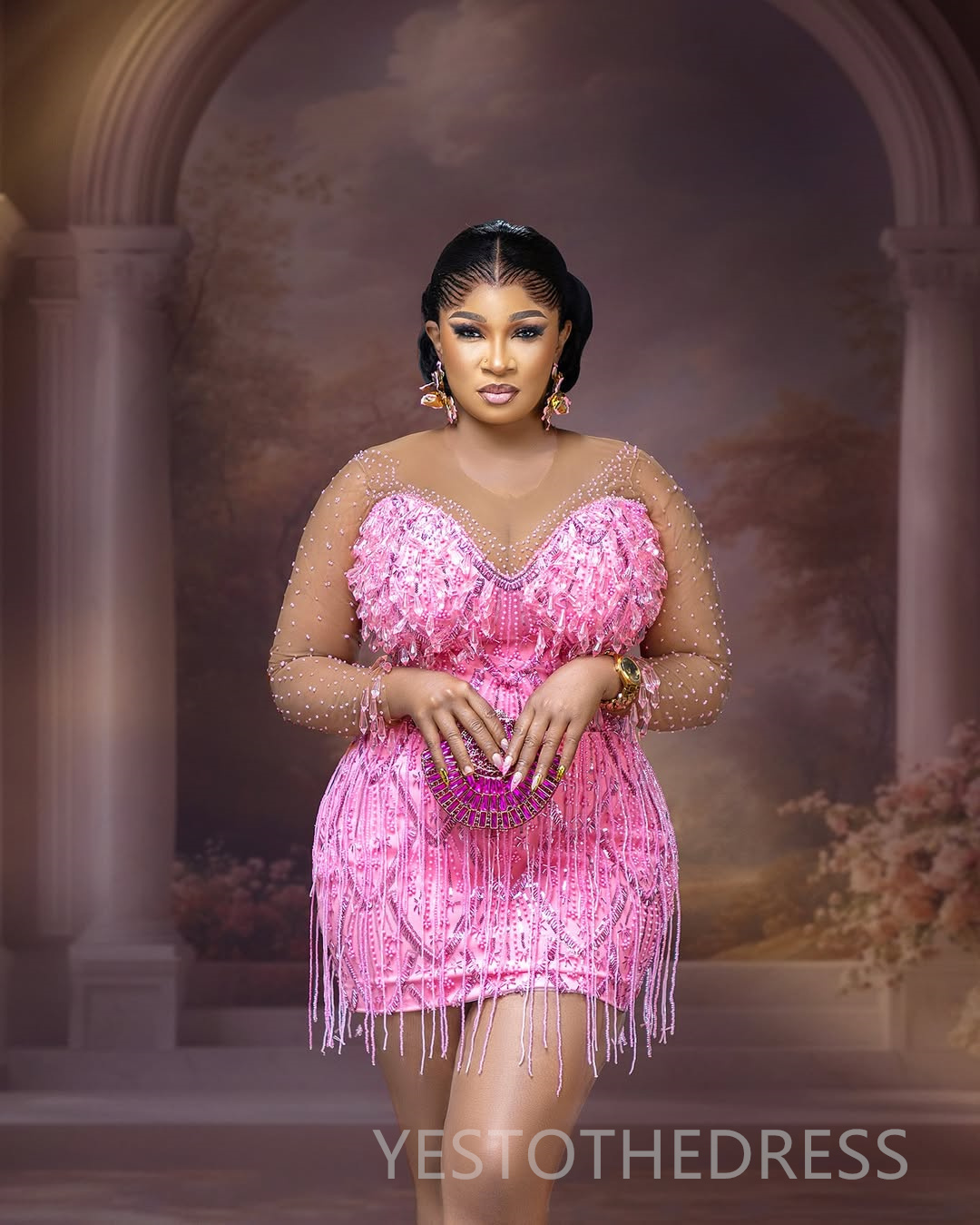 2025 Plus Size Pink Cocktail Dresses For Women Homecoming Dress Sheath Illusion Sheer Neck Long Sleeves Beaded Lace Crystals Tassel Prom Dresses For B