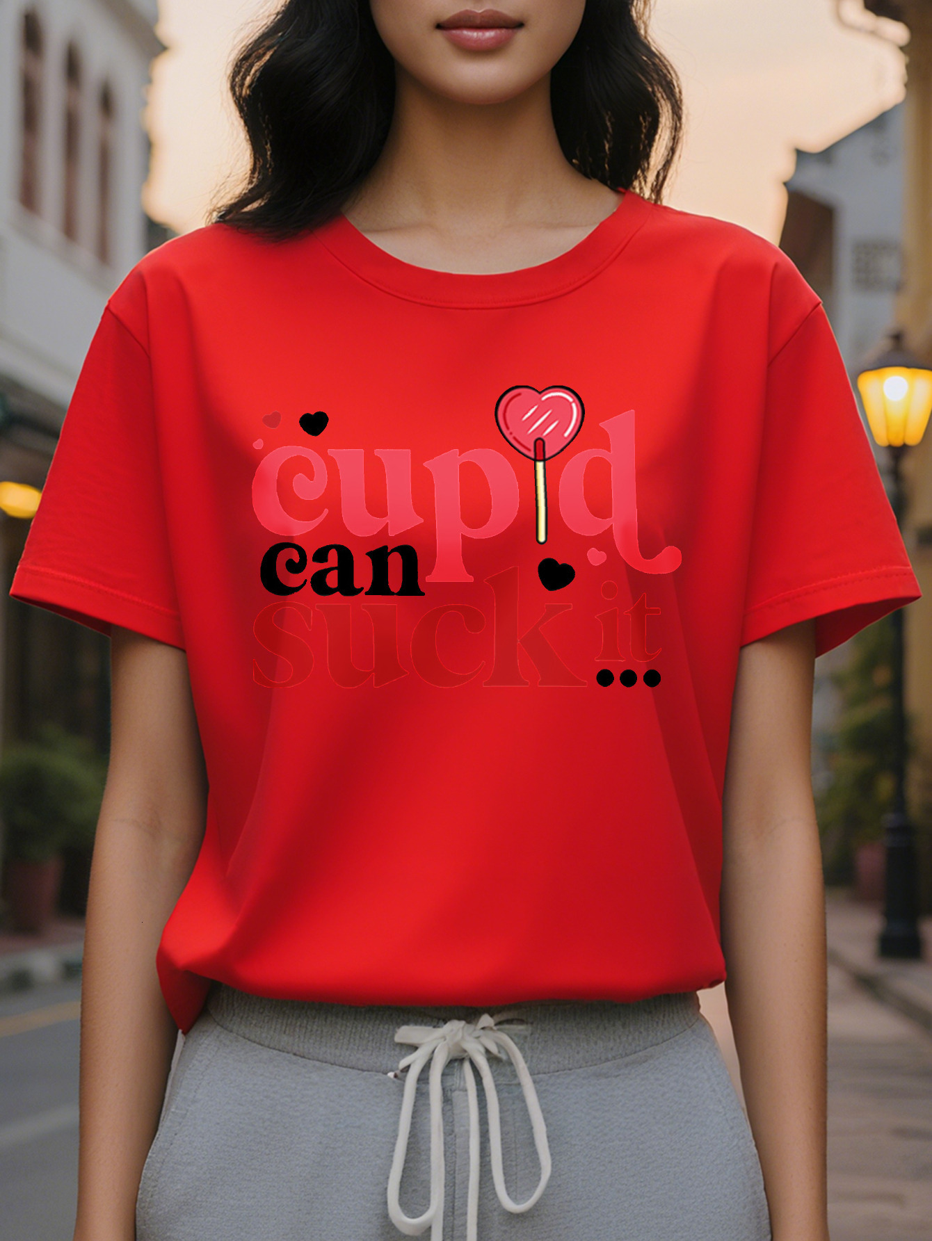 Ladies casual round neck T-shirt printed Cupid can suck it cotton knit fabric regular length spring and