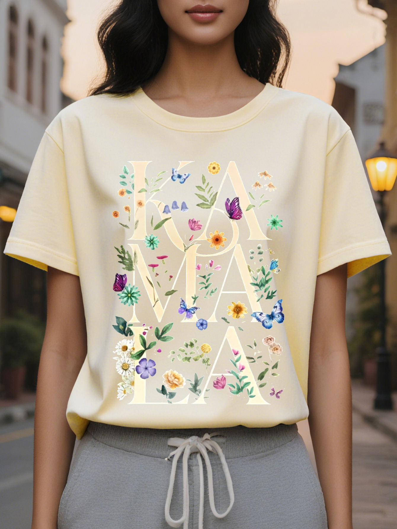 Women S KIMA Print T-Shirt Short Sleeve Crew Neck Cotton Gray with Colorful Flower Design Perfect for Spring