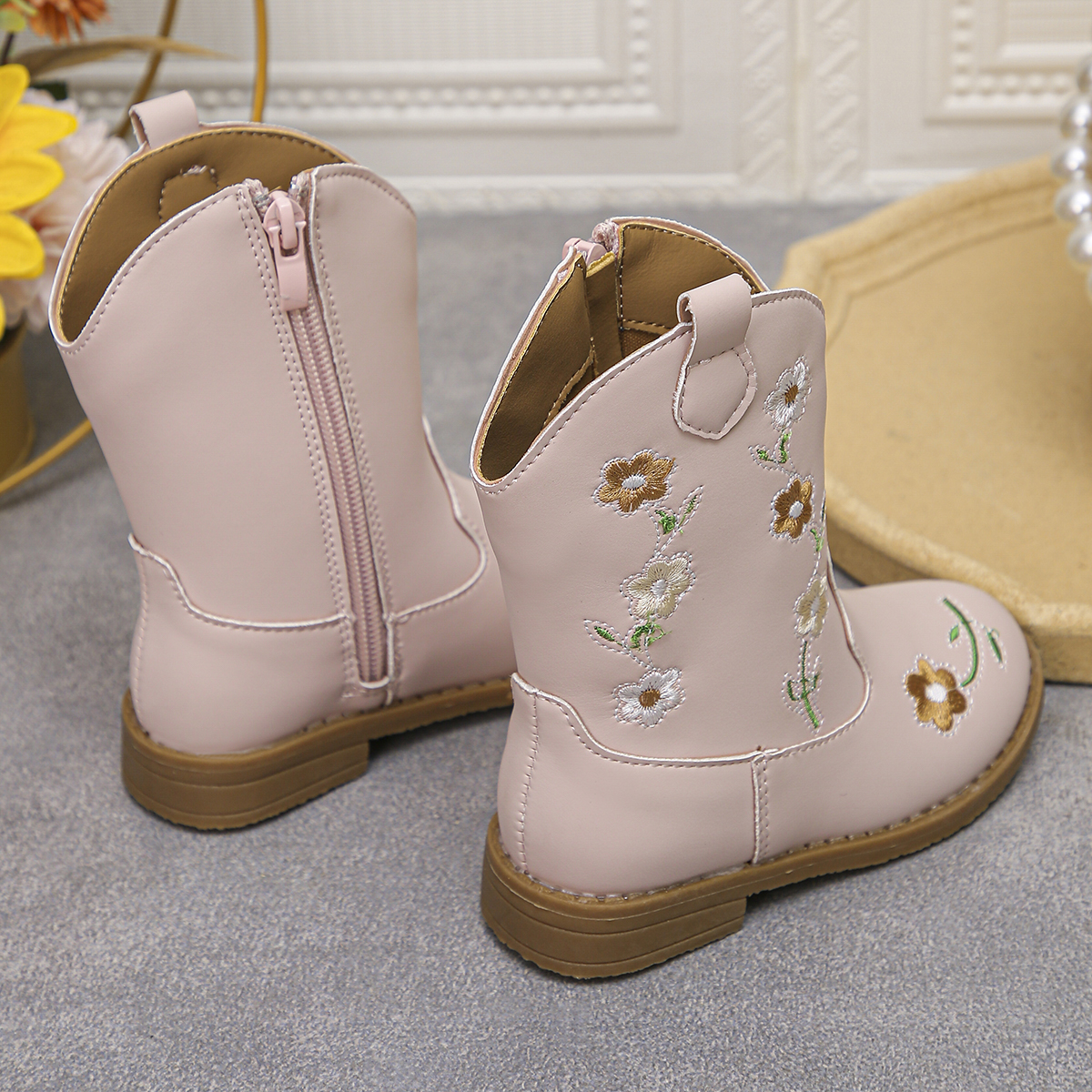 Floral Western Boots - New Style Round-Topped Thick-Heeled Unique Long Boot
