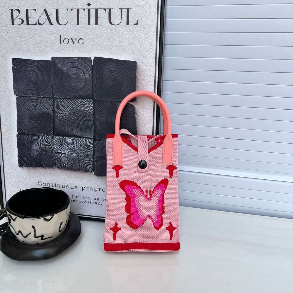 Korean Style Niche Design Cute Sweet Heart Mini Phone Knitted Shoulder Crossbody Bag Portable Handbag for Women