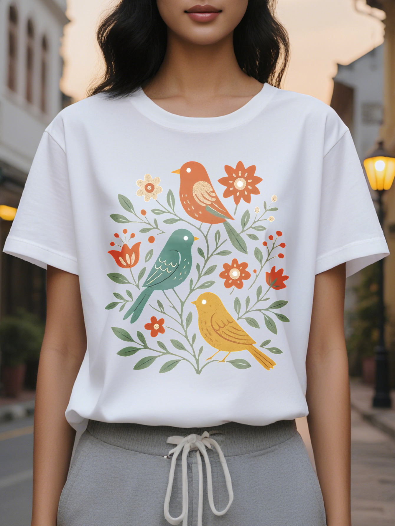Large XL Women's Floral Bird Print T-Shirt Dark Gray with Orange Flowers Soft Stretchy Fabric Everyday Casual Formal Outfits Plus Size