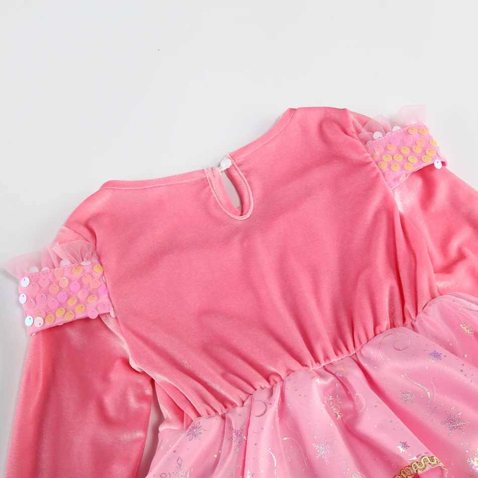 Sleeping BeauTY Aurora Pink Long Sleeves Princess Dress CHIldren Cosplay Sequin Mesh Gown Girls Carnival Birthday Costume Z250904