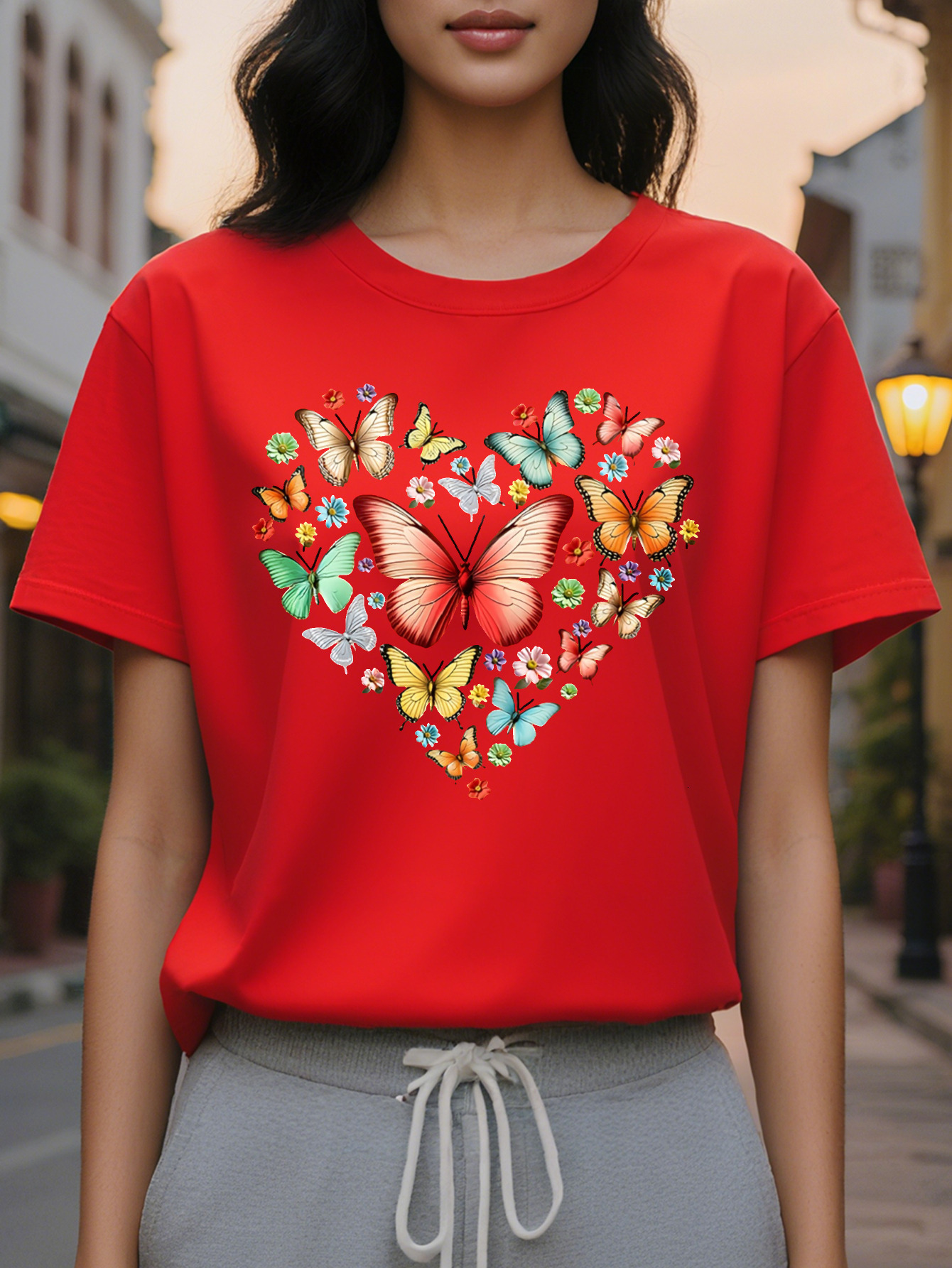 Women s Casual Short Sleeve Crew Neck T-Shirt Floral Heart Butterfly Print Soft Pink Semi Sheer H-Line Top