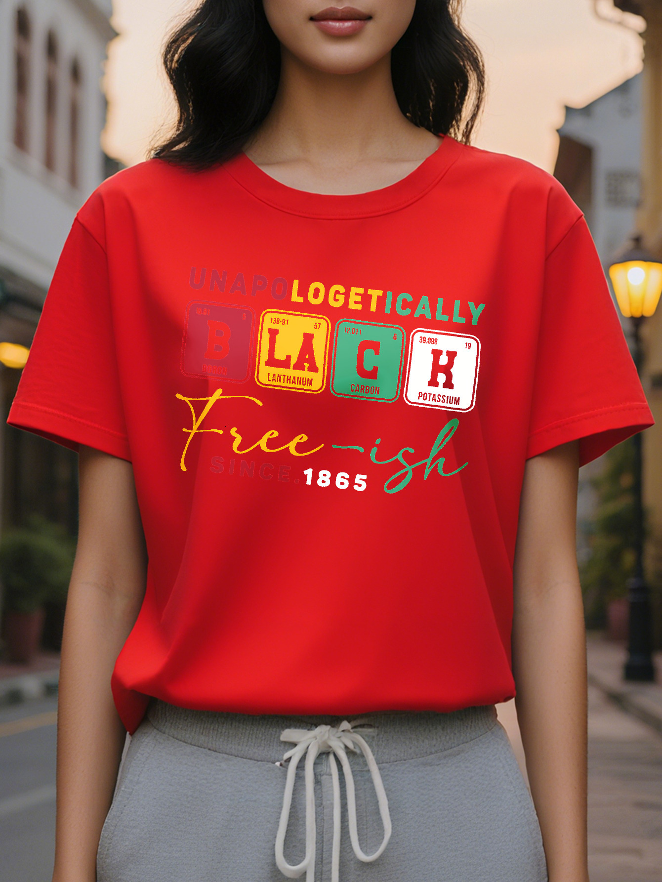 Large XL Women's Juneteenth Freedom Graphic T-Shirt Unapologetically Black Free ish Since Periodic Table Design Short Plus Size