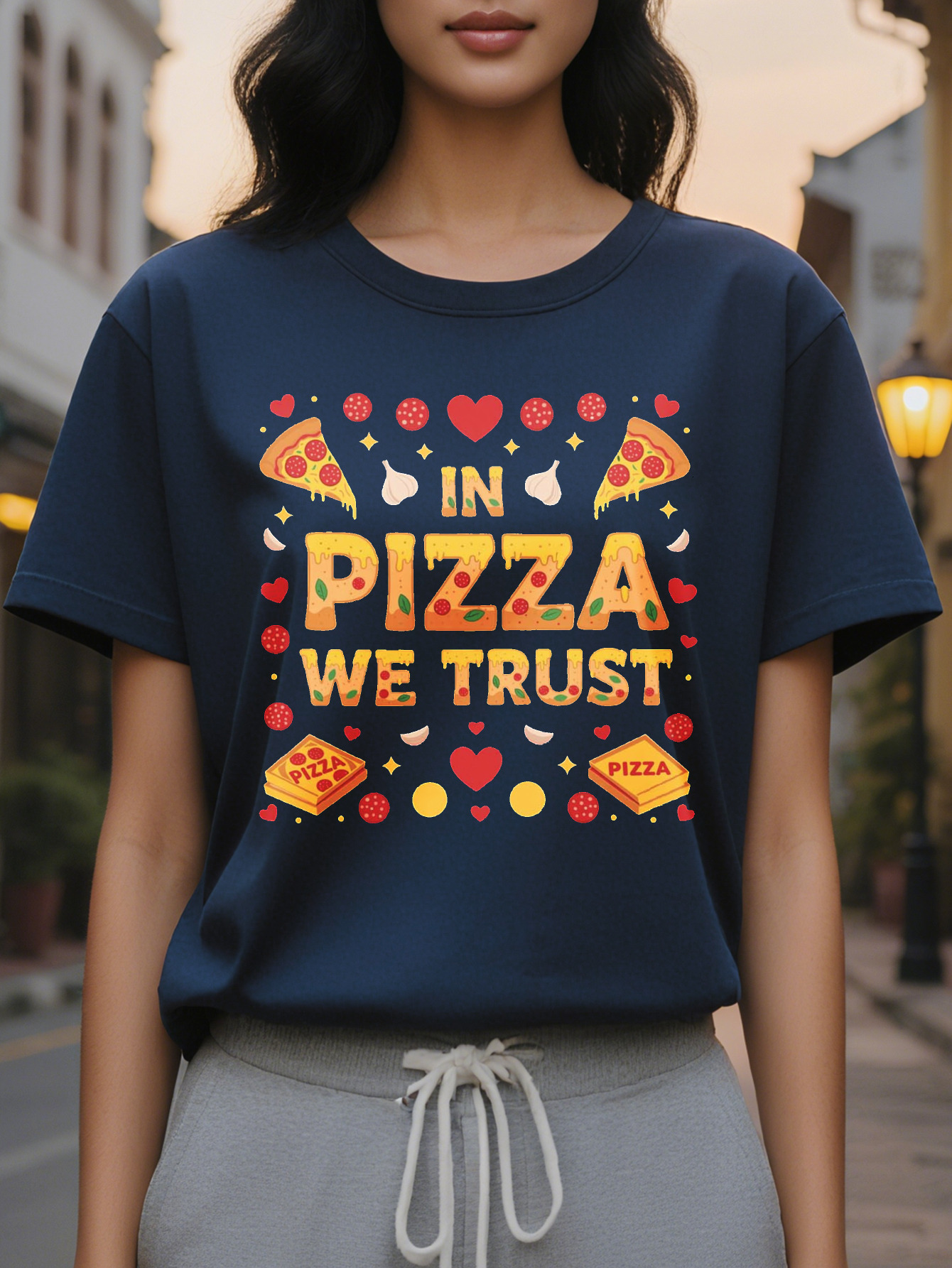 Women's Fun Lover T-Shirt PIZZA WE TRUST Pattern Pepperoni Cheese Design Casual Round Neck Short Sleeve Summer Top