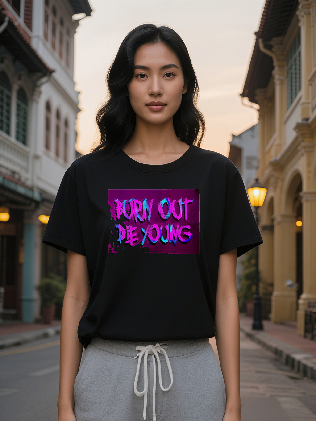 Large XL Lady Casual Crew Neck T-Shirt with Burn Out Die Young Graphic Black Lightweight and Breathable Perfect for Summer Plus Size