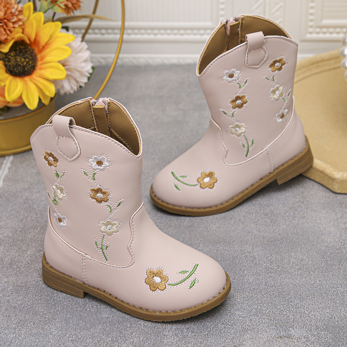 Floral Western Boots - New Style Round-Topped Thick-Heeled Unique Long Boot