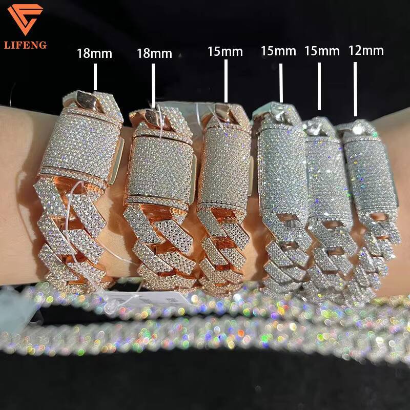 Mens 925 Sterling Silver Hip Hop Cuban Chain BraceletNecklace Set WhiteRose Gold 925 VVS Moissanite Necklaces