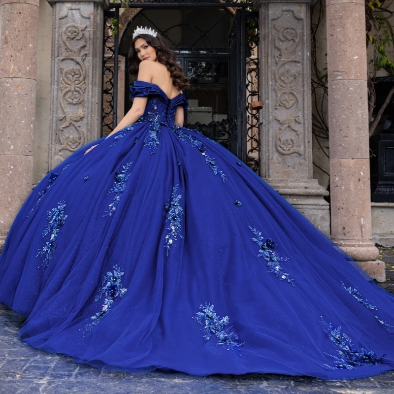 Royal Blue Shiny Quinceanera Dresses Ball Gown Off The Shoulder Applique Lace Flower Beading Crystal Tull Sweet 16 Dress Vestidos 15 De Anos